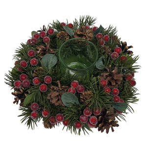 Table Décor: 26cm(D) | Frosted Berry & Pine cone wreath with candle holder