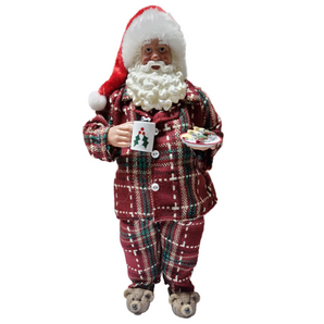 Santa: 28cm | Santa with checkered pyjamas with coffee mug