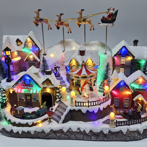 Village: 42.5cm(L) x 24cm(W) x 31cm(H) | Santa and Reindeers flying over town