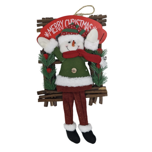 Soft toy: 49cm(H) x 26cm(W)  | Snowman sitting on Merry Christmas banner