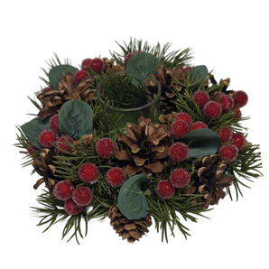 Table Décor: 19cm(D) | Frosted Berry & Pine cone wreath with candle holder